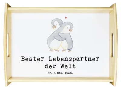 Produktbild von Mr. & Mrs. Panda Tablett Pinguin Bester Lebenspartner der Welt - Weiß - Geschenk, Geschenkidee, Hochzeitstag, Serviertablett, Verliebt, Sofa, Freundin, Servier, aus holz