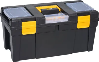 A black and yellow toolbox is shown against a white background.