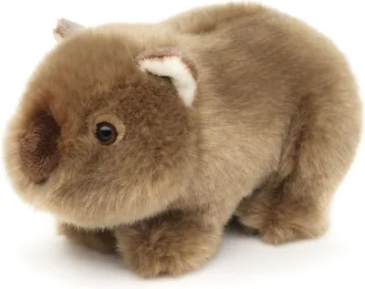 A plush toy wombat is shown from a slightly elevated side angle against a white background.