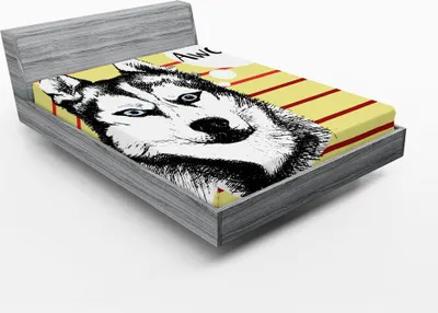 Produktbild von ABAKUHAUS Alaskan Malamute Spannbetttuch, Porträt des sibirischen Husky-Hand gezeichneten inländischen Haustier-Hundes striped Hintergrund, 90 x 200 cm, Mehrfarbig