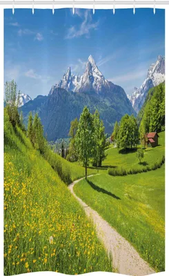 Produktbild von ABAKUHAUS Natur Schmaler Duschvorhang, Wilde Blumen in den Alpen, Badezimmer Deko Set aus Stoff mit Haken, 120 x 180 cm, Gelb Grün