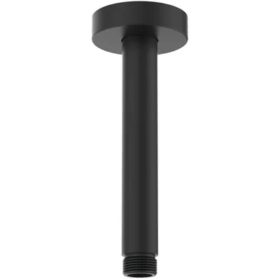 A black ceiling shower arm with a round flange at the top and threaded connection at the bottom.
