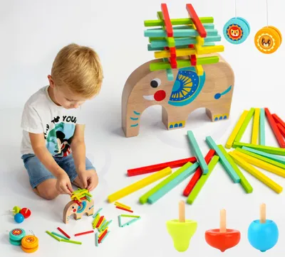 Produktbild von Tooky Toy Set Geschicklichkeitsspiele Pick-up Sticks Jojo Kreisel Elefant 46-tlg.