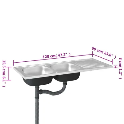 Zdjęcie produktu dla vidaXL Zlewozmywak podwójny srebrny 1200x600x155 mm stal nierdzewna