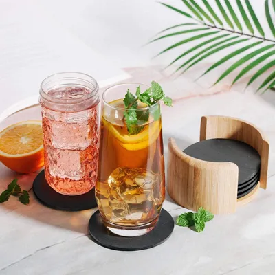 Obrázek produktu pro Břidlicové podtácky kulaté 10 cm - Sada 6 kusů - Tmavě šedá - Prémiová břidlice