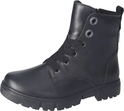A black leather boot on a white background.