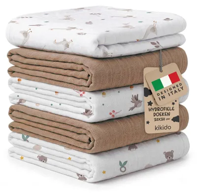 Immagine prodotto di Set di 5 mussoline per neonati, dimensioni 30x30 cm, realizzati in 100% cotone