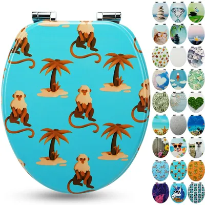 Produktbild von Sanfino® Premium WC Sitz "Monkey Island" hochwertiger Toilettendeckel mit Absenkautomatik aus Holz, viele bunte Motive, einfache Montage