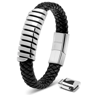 Image de SERASAR | Bracelet en cuir pour hommes [Helix] avec argent en acier inoxydable | Couleur : Argent | Longueur : 23cm