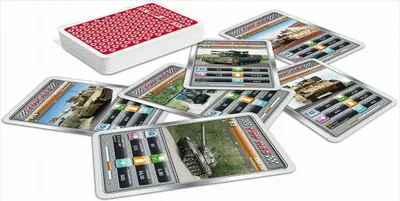 A stack of playing cards with a red patterned back and several cards spread out in front of it, each featuring an image of a tank and statistical data.