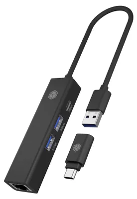 Produktbild von ICY BOX IB-HUB1439-LAN, USB 3.2 Gen 1 HUB und LAN Adapter, Type-A+C zu 2x USB-A & 1x USB-C® & Gigabit LAN, USB Type-A zu Type-C Adapter, Aluminium, schwarz, Kabelgebunden, USB 3.2 Gen 1 (3.1 Gen 1) Type-A, 1000 Mbit/s, IEEE 802.1Q, IEEE 802.1as, IEEE 802.1p, IEEE 802.3, IEEE 802.3az, IEEE 802.3u, IEEE 802.3x, Schwarz, 5 Gbit/s