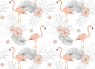 Produktbild von Hawaii Blumen Tapete in Weiß Rosa | Flamingo Fototapete mit Palmenblättern für Küche und Schlafzimmer | Hibiskus Fototap