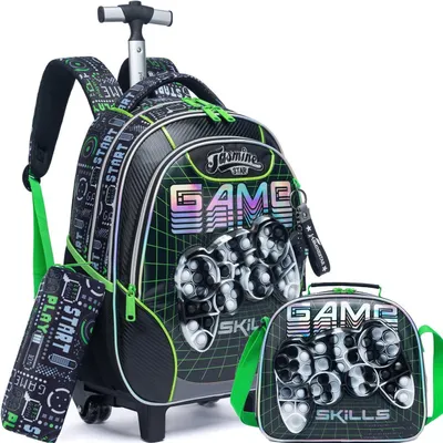 Immagine prodotto di Zaino da scuola con rotelle per bambini, colore verde menta, dimensioni 41,9 x 30 x 19,8 cm, completo di astuccio e borsa per il pranzo