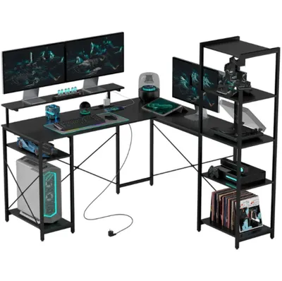 Produktbild von L-förmiger Schreibtisch mit Ladestation,Computertisch mit Monitorständer und Regalen, für Büro