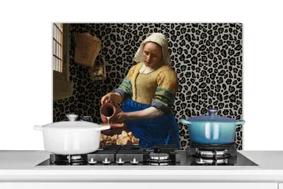 Produktbild von KitchenYeah®  Spritzschutz Küche - Küchenrückwand - Wandschutz für Herd und Spüle - Milchmädchen - Kunst - Pantherdruck - Vermeer - Gemälde - Alte Meister 80x55 - Alu-Dibond (Alternative zum Spritzsch