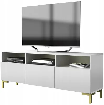 Zdjęcie produktu dla szafka rtv pod telewizor biała matowa 150 cm 3 półki złote nogi nóżki