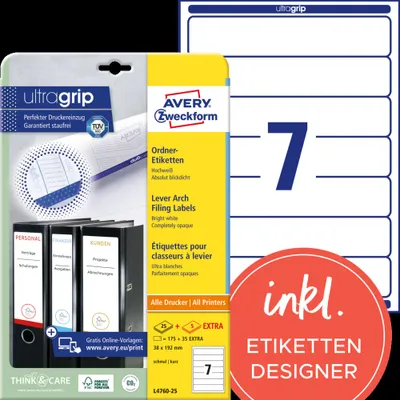 Obrázek produktu pro Avery L4760-25, Bílá, Papír, Univerzální, A4, 7 kusů, 25 listy