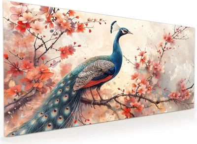 Produktbild von Küchenrückwand Spritzschutz Glas mit Motiv Pfau und Blüten 40 x 40 cm