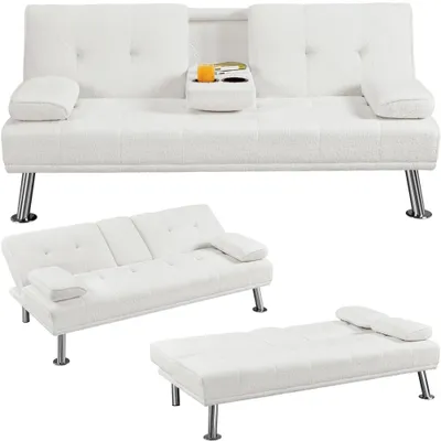 A collage of a white sofa bed shown in different configurations.
