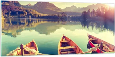 Produktbild von Bilder auf glas - Berge See Boot - 120x50cm - Glasbilder - Wandbilder - Kunstdruck - zum Aufhängen bereit - Wanddekoration aus Glas - Glas Bilder - Wandbild auf Glas - Einteilig - GAB120x50-3652