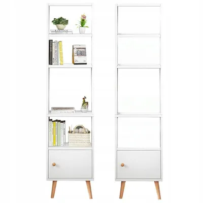 Two white Scandinavian-style bookshelves are shown side-by-side against a white background. The left bookshelf is decorated with books and plants, while the right bookshelf is empty.