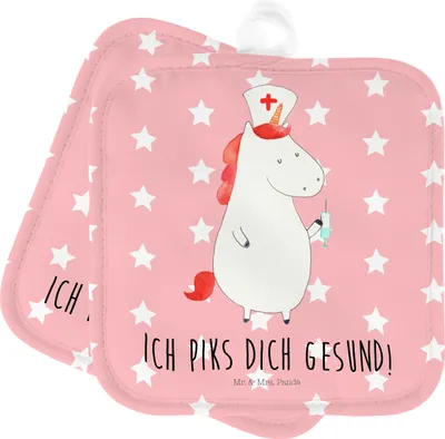 Produktbild von Mr. & Mrs. Panda 2er Set Topflappen  Einhorn Krankenschwester - Rot Pastell - Geschenk, Topfuntersetzer, Krankenhaus, Kochlappen, Krankenpflegerin, topfhalter, Ärztin