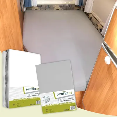 Produktbild von Dexitex Spannbettlaken Wohnmobil 2er Set – Jersey-Spannbettlaken + Molton Matratzenschoner – Französisches Bett Wohnmobil & Wohnwagen – Hellgrau