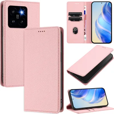 Produktbild von Litchi Leder Handyhülle für Xiaomi 14 Pro/Xiaomi 14 Pro Wallet Kartenfächer Standfunktion Hülle Pink