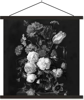 Produktbild von MuchoWow® Textilposter Stilleben mit Blumen in einer Glasvase - Gemälde von Jan Davidsz. de Heem - schwarz und weiß 40x40 cm mit schwarzem Rahmen - Fotos