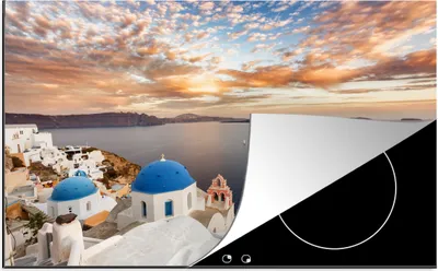 Produktbild von KitchenYeah© Herdabdeckplatte Sonnenaufgang über dem Wasser in Oia Griechenland , 80x52cm, Küche Deko, Glaskeramikkochfeld Herdabdeckung, Abdeckplatte fùr Kochfeld
