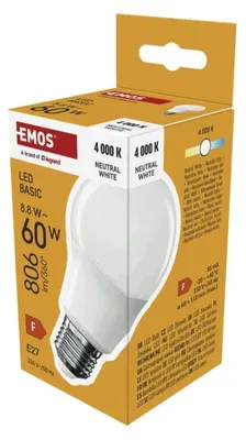Productafbeelding van EMOS LED-lamp BASIC A60, fitting E27, traal wit licht, 806 lm, 8,8 W (vervangt een 60W gloeilamp), levensduur 20.000 uur, ZL5F48