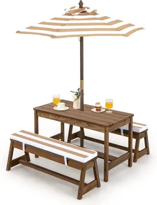 Imagen del producto de Conjunto de sillas para niños, mesa de picnic infantil con bancos, cojines y sombrilla, juego de sillas de madera para niños, conjunto de asientos, grupo de asientos para exteriores, muebles de jardín para jardín, patio o terraza (marrón claro)