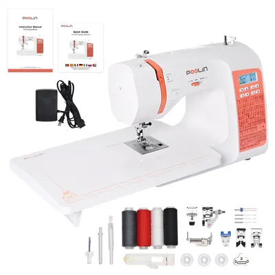 Produktbild von PooLin EOC02 Computer-Nähmaschine mit LCD-Display, 200 Stiche, automatischer Nadeleinfädler, 7 Nähfüße, 1-Schritt-Knopfloch, tragbar – ideal für Anfän