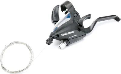 A black bicycle gear shifter with a silver cable is shown against a white background.