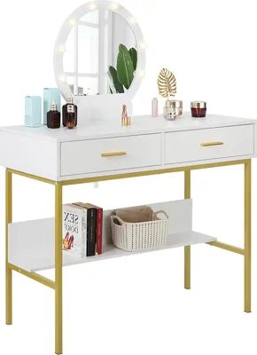 Produktbild von Happyment Schminktisch Deluxe – Make-up Tisch mit hängendem Spiegel & LED Beleuchtung – Kinder & Erwachsene – Weiß/Gold – Trendy Schminktisch