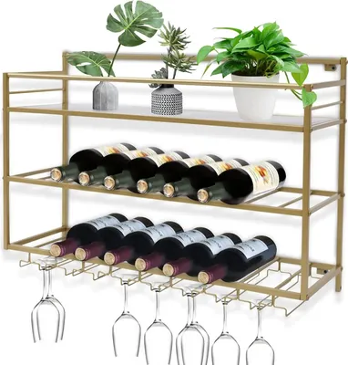 Zdjęcie produktu dla Wandowa półka na wino - 3-poziomowa półka na butelki - industrialny design metalowy - z uchwytami na kieliszki - wisząca półka na butelki wina do kuchni, baru, restauracji - kolor złoty