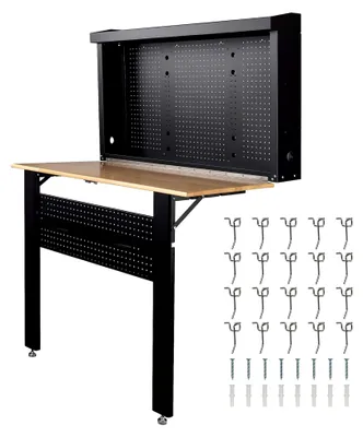 Produktbild von Wandmontierte Werkbank bis 200 kg, klappbare Werkzeugbank 120,5 x 82,5 x 162 cm mit Lochplatte als Rückwand, Werktisch mit Holz-Arbeitsplatte