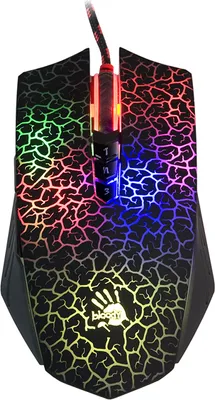 A gaming mouse with a cracked pattern and RGB lighting.