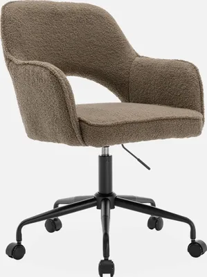 A taupe bouclé office chair with a black base and wheels, shown against a white background.
