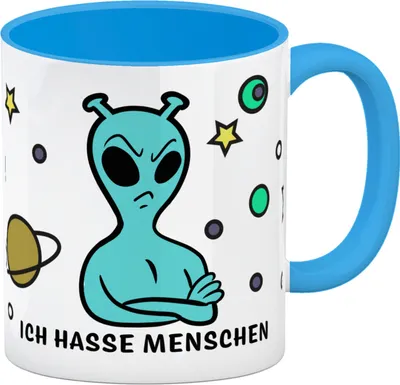 Produktbild von Kaffeebecher Hellblau mit lustigem Comic Alien Motiv - Ich hasse Menschen