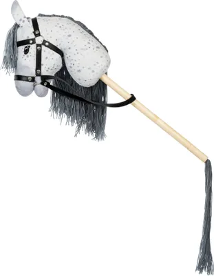 A hobby horse with a gray mane and tail, and a black bridle, on a white background.