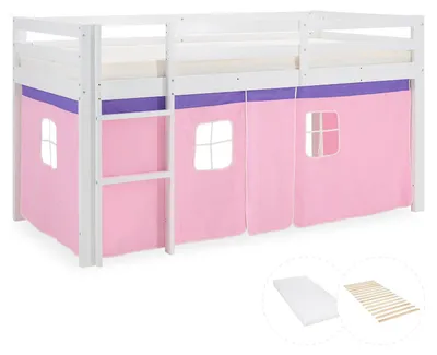 Produktbild von Homestyle4u Hochbett 90x200 Kinder mit Lattenrost mit Matratze Standard 100 Vorhang Rosa Mädchen Kinderbett Weiß Holz mit Rausfallschutz