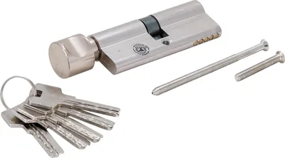 A door cylinder lock with keys and screws on a white background.