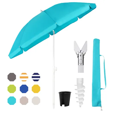 Produktbild von Sekey Sonnenschirm Ø180cm Rund für Garten & Strand, UV 50+, höhen- & neigungsverstellbar, inkl. Erdspieß & Schutzhülle. Material: Polyester, Metall, Edelstahl, Kunststoff. Türkis, Weiß, Silber, 8 Streben, windstabil.