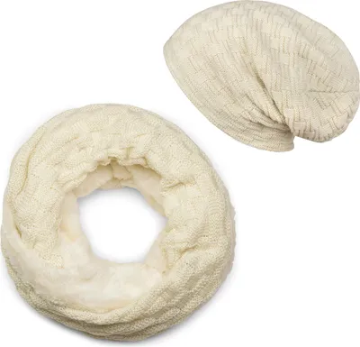 Produktbild von styleBREAKER Strick Loop Schal und Beanie Mütze Set mit Flecht Muster, Fleece Innenfutter, Winter, Uni 01018211