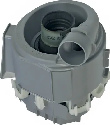 A close-up, studio shot of a gray dishwasher pump part.
