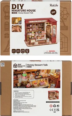 The image shows the front and back of a product box for a DIY miniature house kit.