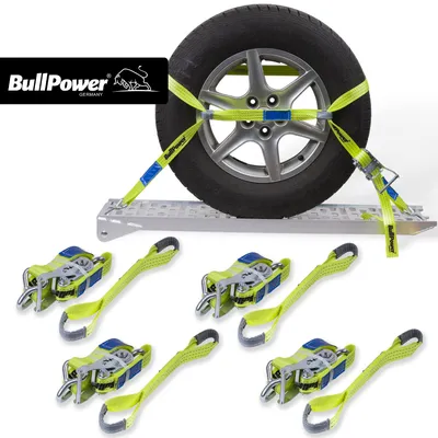 Produktbild von 4x BullPower Spanngurte AZG151 - Autotransport PKW Zurrgurte Reifengurte Transportsicherungen 35mm - LC 3000 kg / daN mit Trapezband, Ratsche und Haken