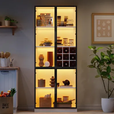 Produktbild von Vitrine mit LED-Beleuchtung 80x35x200cm Weiß Glas mit Glastüren und Weinhalterung