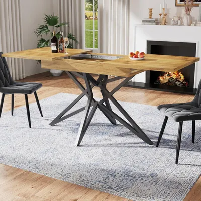 Produktbild von Esstisch-Set ausziehbar mit 4 Stühlen, 120/160 x 80 cm, MDF mit Walnussmuster, schwarze Metallbeine, dunkelgraue Samtstühle